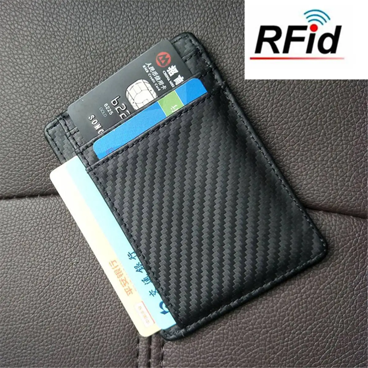 Black Men Women RFID Blocking Carbon Fiber Genuine Leather Wallet Short Purse Clutch Credit Card Holder Case Small Coin Wallets