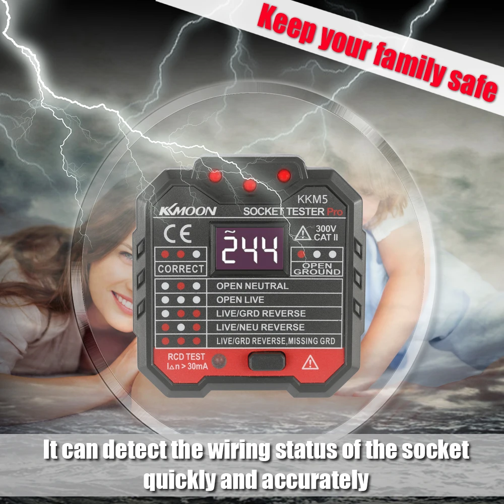 

KKmoon KKM5 Digital Display Socket Detector Circuit Polarity Voltage Tester Wall Plug Breaker Finder RCD Test