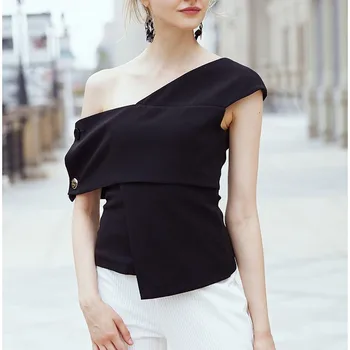 

[LIVIVIO] Irregular T Shirt For Women Off Shoulder Patchwork High Waist Pullover Tops 2018 Spring Summer Elegant Clothing