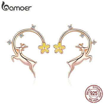 

BAMOER Authentic 925 Sterling Silver Running Elk Deer Rose Gold Color Stud Earrings for Women Fashion Earrings Jewelry BSE014