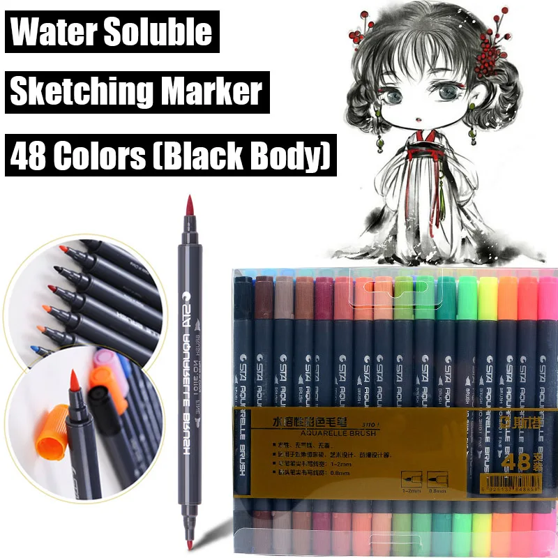 

STA 48 Colors Water Soluble Art Markers Artist Black Double Head Sketch Marker Brush Pen For Drawing Design Office Art Supplies