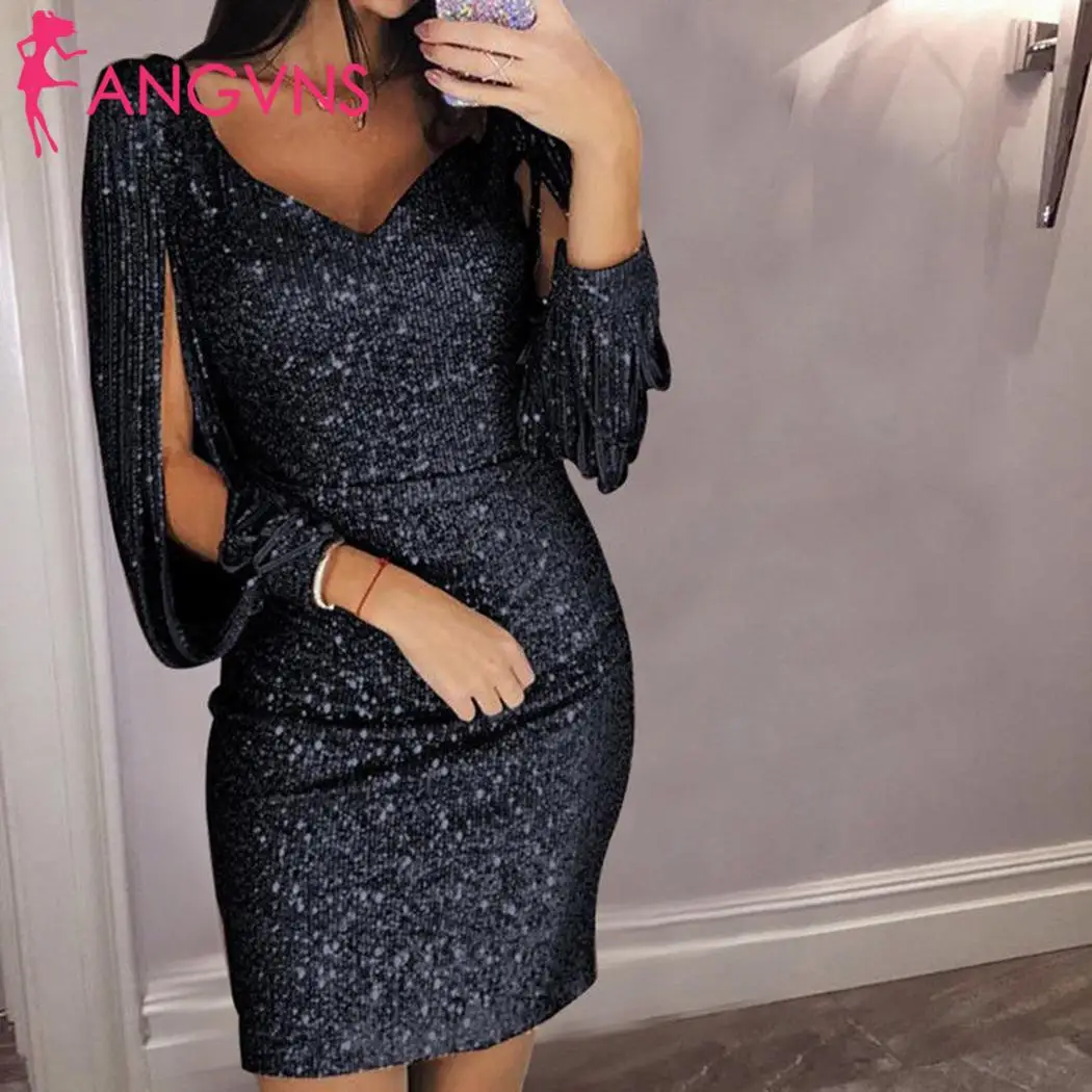 

ANGVNS Women Casual V Neck Dress Sequins Long Sleeve Mid Waist Tassel Slim Fit Pencil Pullover Dress New Fashion
