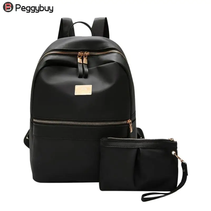 2pcs/set Fashion Women Black Backpack With Preppy Style Small Nylon Clutch Bag For Ladies Purse