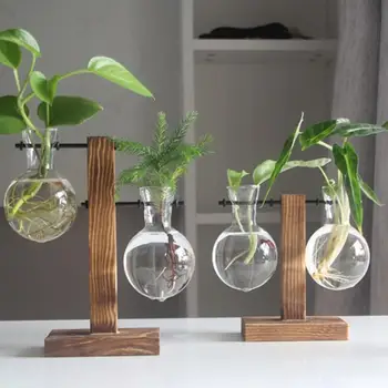 

Vintage Style Glass Desktop Plant Bonsai Flower Christmas Decoration Vase with Wooden L / T Shape Tray Home Decor Accessories
