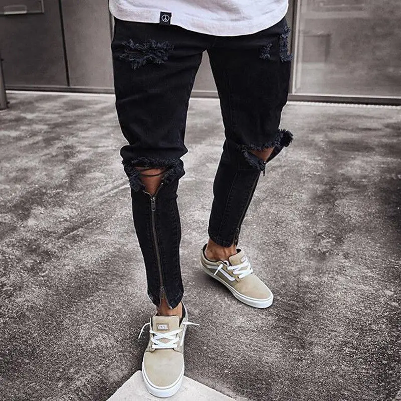 New Designer Slim Fit Ripped Jeans Men High Street Mens Distressed Denim Joggers Knee Holes Zipper Washed Destroyed Pencil Jeans New Designer Slim Fit Ripped Jeans Men High Street Mens Distressed Denim Joggers Knee Holes Zipper Washed Destroyed Pencil Jeans