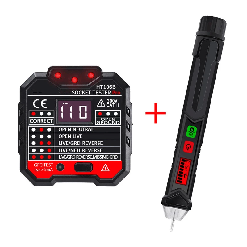 

HT106B Socket Outlet Tester Circuit Polarity Voltage Detector+Winpeak ET8900 Voltage Tester Pen Red and Green Color Backlight