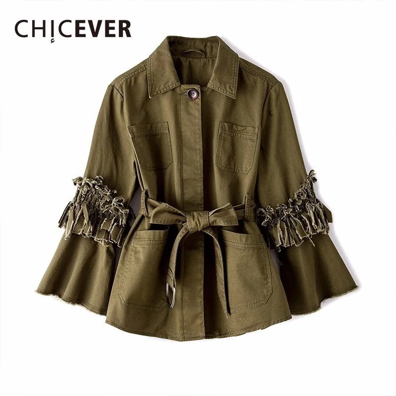 

CHICEVER Autumn Jackets For Women's Coats Feamle Tassel Flare Sleeve Loose Big Size Hem Pleated Women Jackets 2019 Fashion Tide