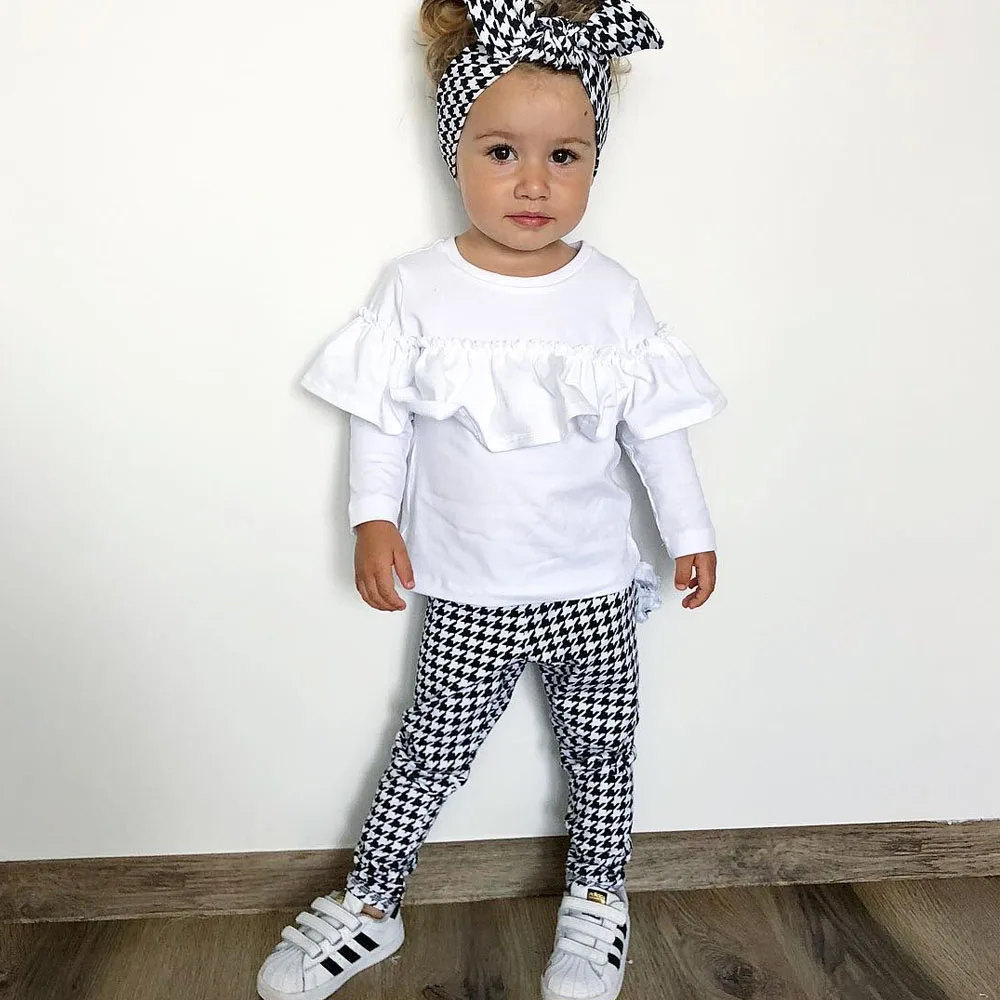 

2019 Toddler Kids Baby Girl Outfit Clothes White T-shirt Tops Dress+Ruffles Plaid Leggings Pants 2PCS Set 1-5T