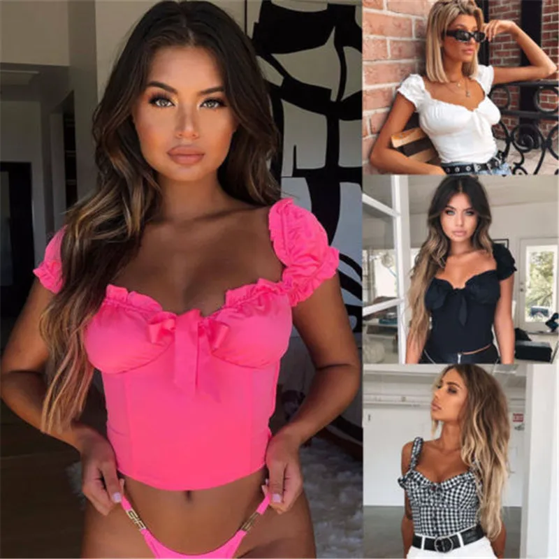 

New Women Sexy Off Shoulder Casual Bralet Tank Top T-Shirt Crop Cami Tops Ruffled Solid Women Camis