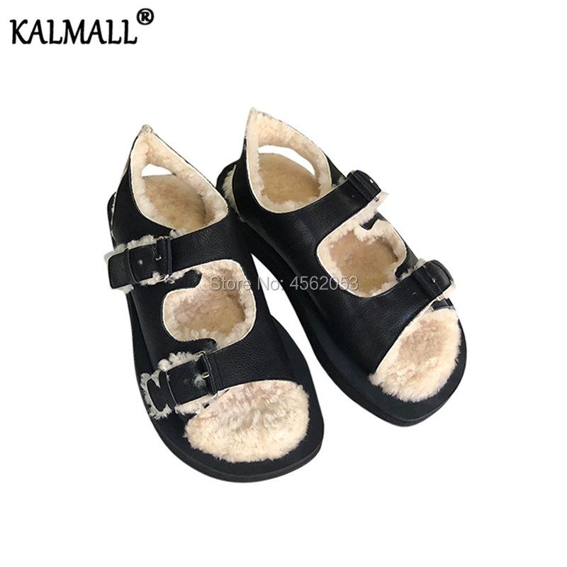 

KALMALL Pop Fashion Spring Autumn Runway Shoes Casual Open Toe Black Leather Buckle Strap Shearling Fur Sandals Women Wool Flats