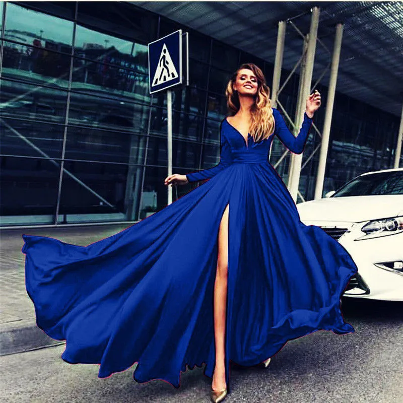

Trendy Women dress long sleeve solid casual sexy V-Neck Party Beach Polyester Dresses one pieces