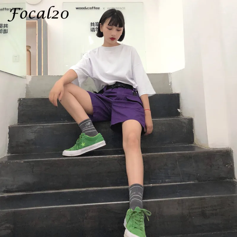 

Focal20 Harajuku Belted Purple Elastic High Waist Female Cargo Pocket Shorts Above Knee 2019 Solid Color Loose Women Shorts