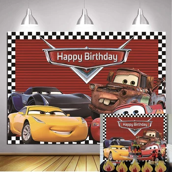 

Cartoon Car Story Birthday Themed Backdrops Racing Flag Black White Grid Red Photo Backgrounds for Photography Party Banner TH73