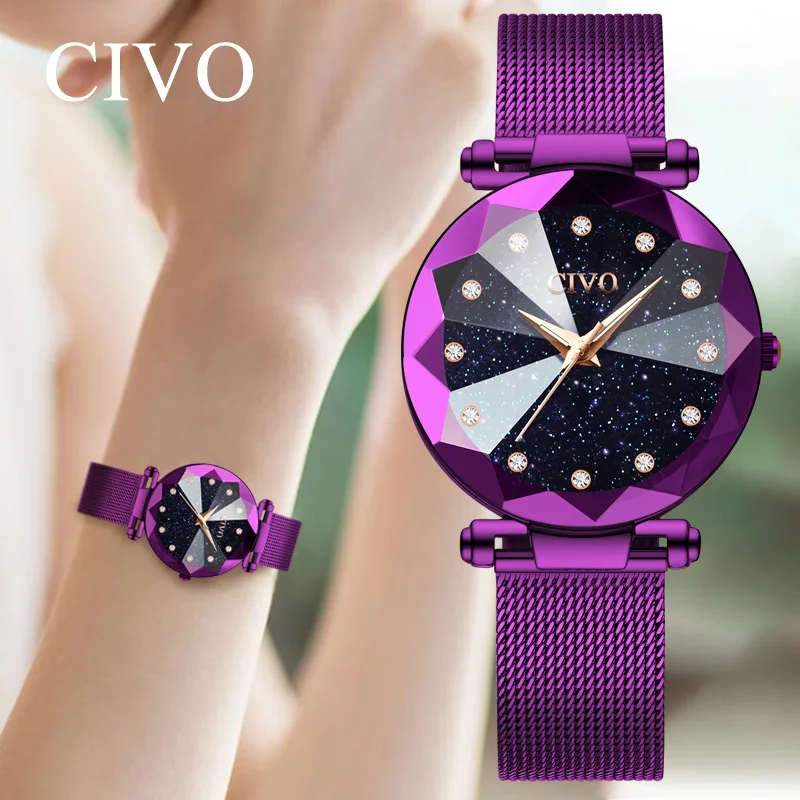 Чиво женские часы Фиолетовый кристалл Роскошные Водонепроницаемый Для женщин кварцевые часы Полный Сталь сетки Наручные часы Relogio Feminino