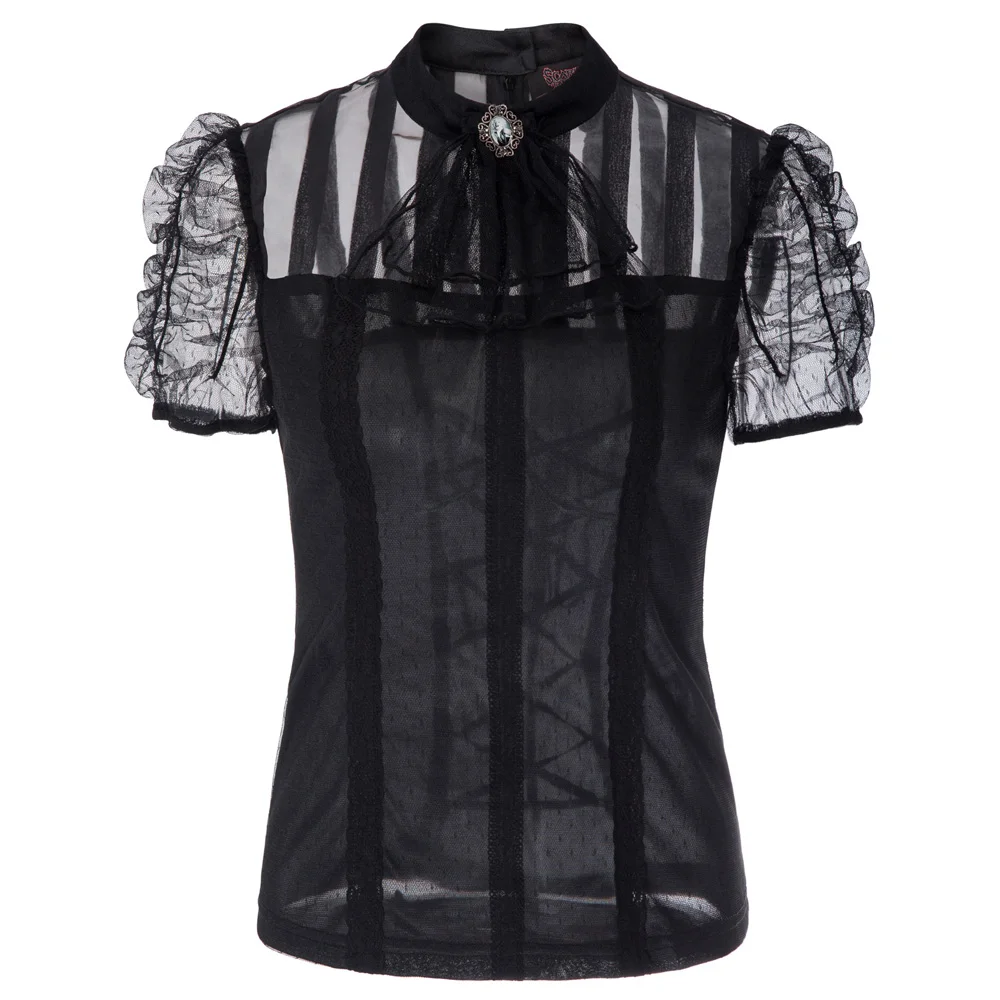 

Elegant Women shirt Office Ladies Tops Gothic Organza Steampunk Victorian Short Sleeve Vintage Shirt