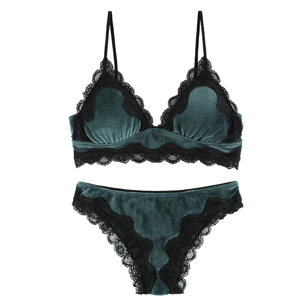 Woman Patchwork Style Velvet Lace Lingerie Bralette Underwear Set Seamless Bra Adjustable Elegant Panty Thin Solid Sexy Woman Patchwork Style Velvet Lace Lingerie Bralette Underwear Set Seamless Bra Adjustable Elegant Panty Thin Solid Sexy