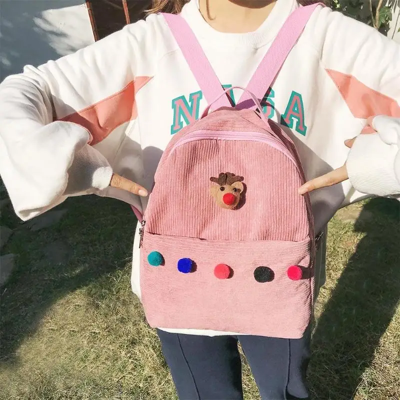 

Women Multi Ball Animal Backpack Preppy Corduroy Shoulder Travel Schoolbags