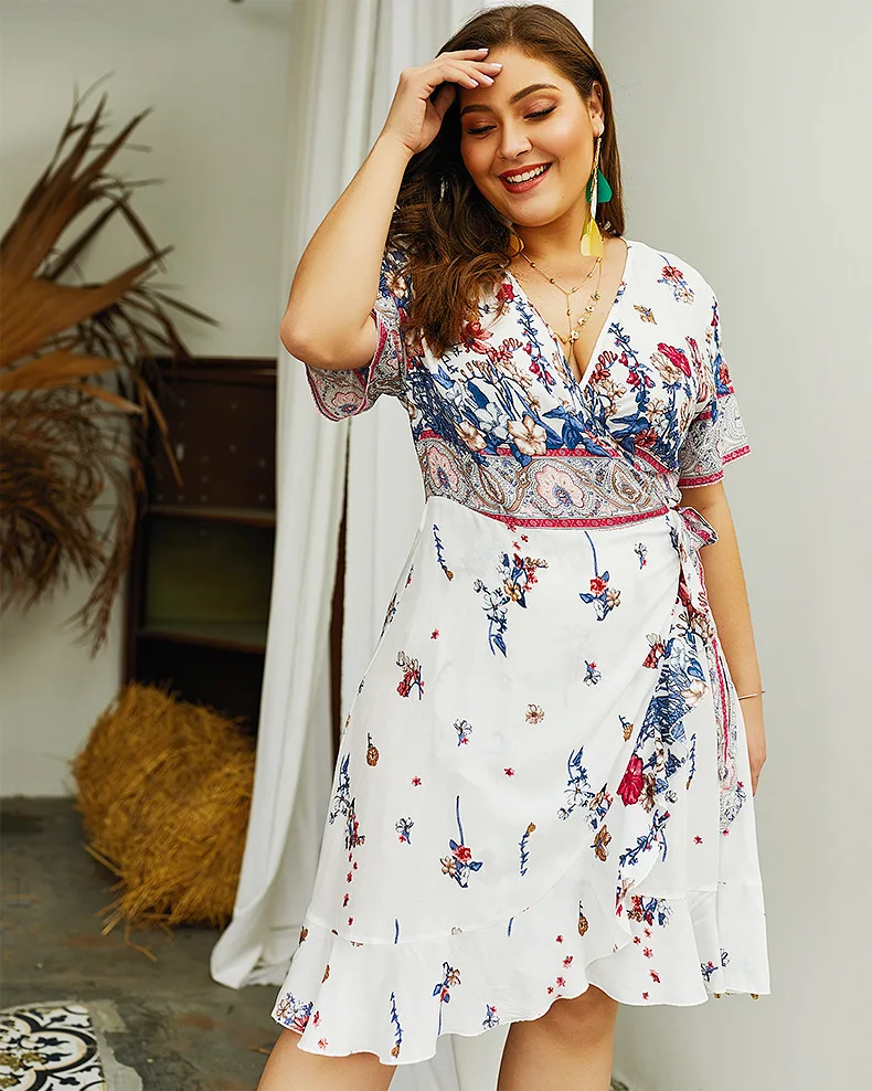 

Plus Size Summer White Dress Boho Sexy Women Casual Beach Dress Short Sleeve Floral Print Ruffles Wrap Dress Deep V Robe Femme