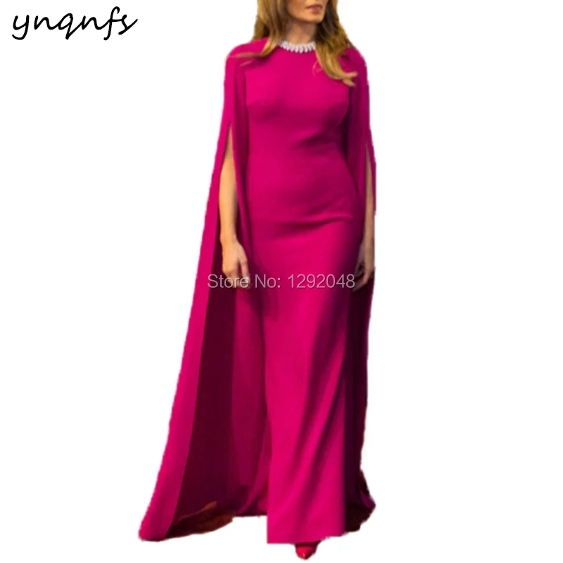 

YNQNFS M176 High Neck Cloak Cape Sleeve Saudia Arabic Kaftan Dubai Party Gown Muslim Mother of the Bride Groom Dresses 2019