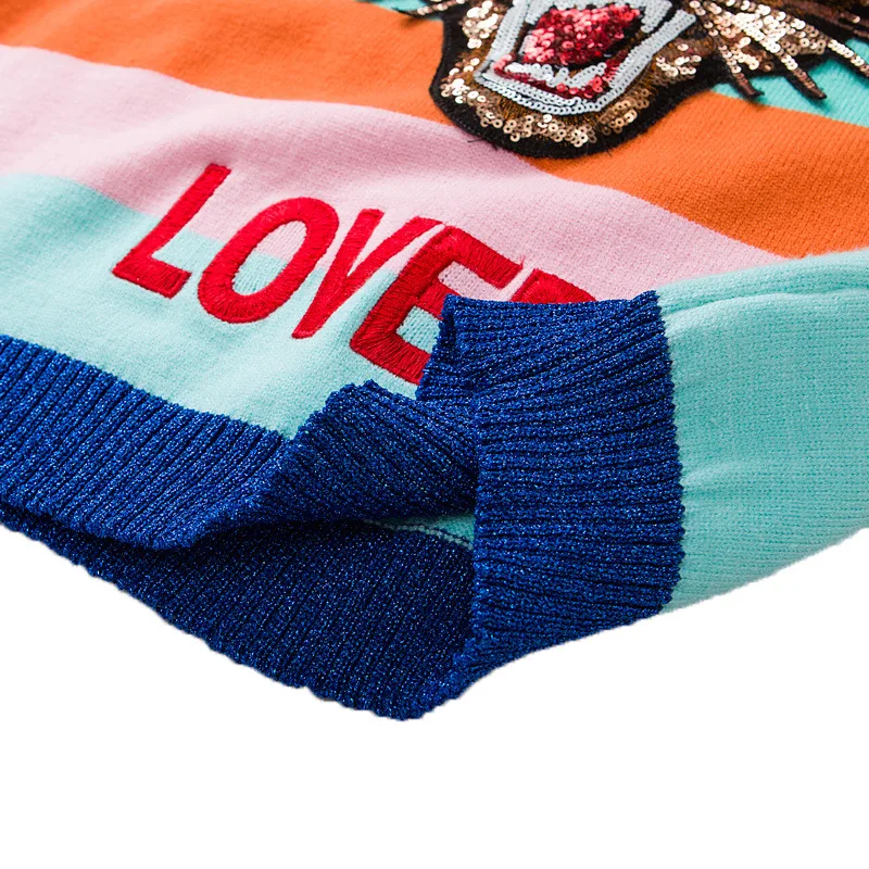 Luxury Sweaters Women Soft Rabbit Fur Pullovers Cartoon Tiger Embroidery Letters Knitted Sweaters Rainbow Striped Sweaters