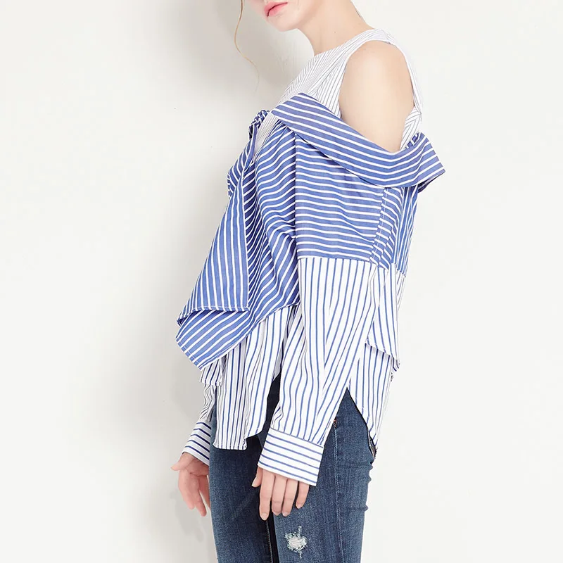 TVVOVVIN مخطط قميص ل بلوزات غير مغطية للكتف طويلة الأكمام خليط غير النظامية بلوزة مثير الصيف 2019 الكورية قمم الملابس L244
