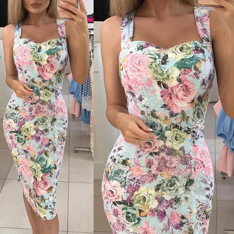 

Women's Pencil Dress Summer Sexy V-neck Sleeveless Floral Print Backless Sheath Bodycon SunDress Elegant female Dress Vestido
