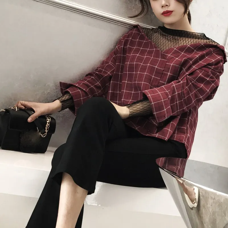 2019 Fashion Women Patchwork Tops Ladies Long Sleeve Net Shirts Casual  Off Shoulder Plaid Blouse