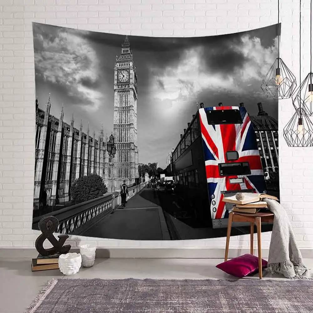 300x150cm British Style Tapestry European Red Bus Printed Wall Hanging 4 Sizes 3D Art Carpet City Landscape Tapestry Home Decor