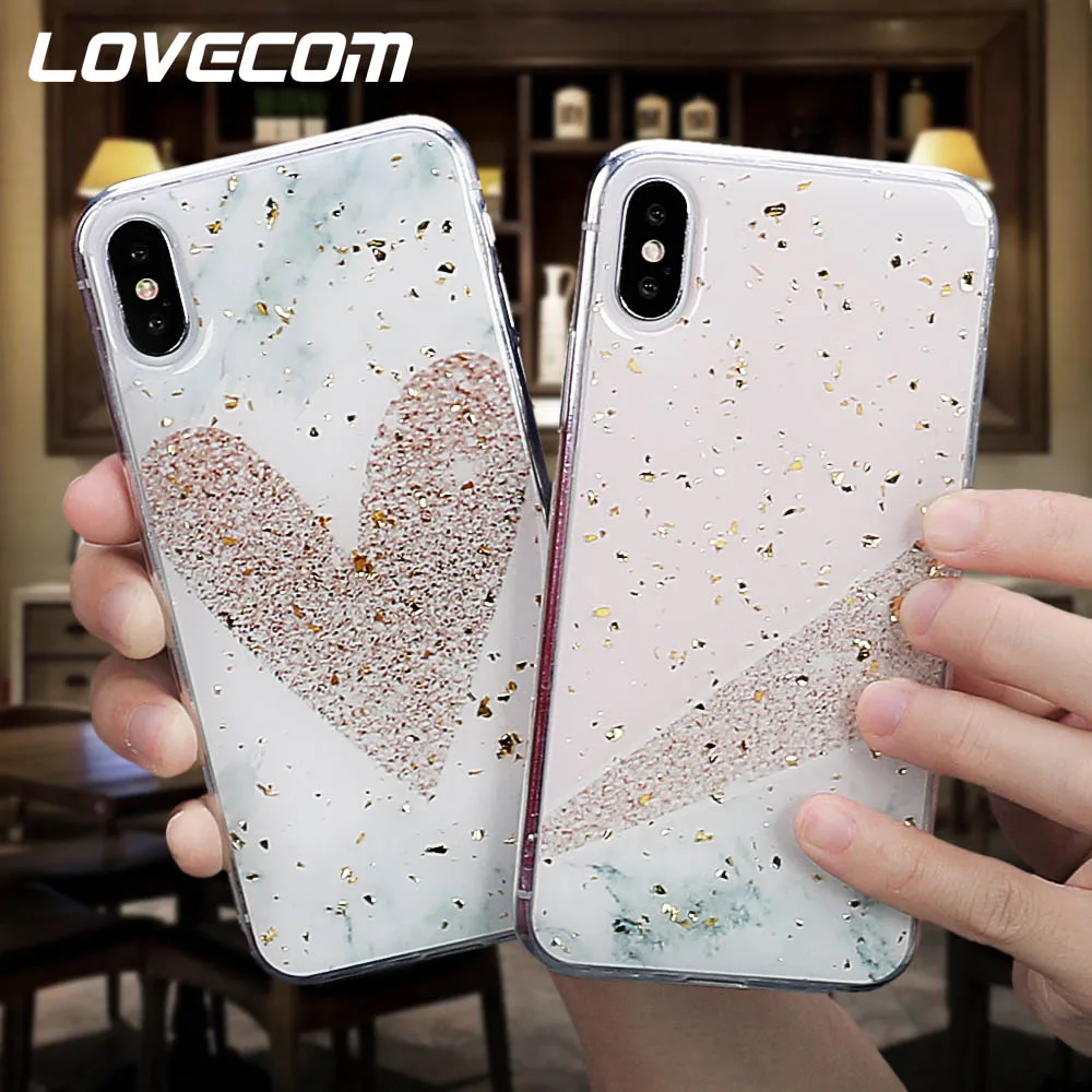 

LOVECOM Luxury Gold Powder Loving Heart Cases For iPhone XS Max XR X 6 6S 7 8 Plus Splicing Color Epoxy Soft Phone Back Cover