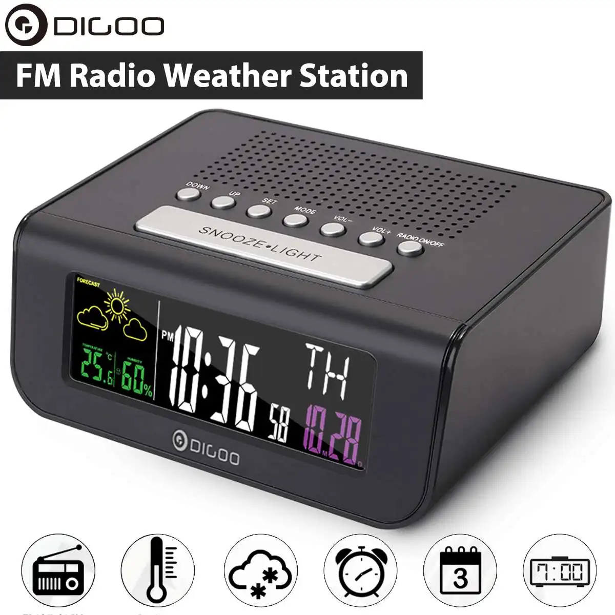 

Digoo DG-FR100 Color Wireless FM Radio Clock Digital Snooze Dual-Alarm Clock Weather Forecast Calendar Temperature Humidity