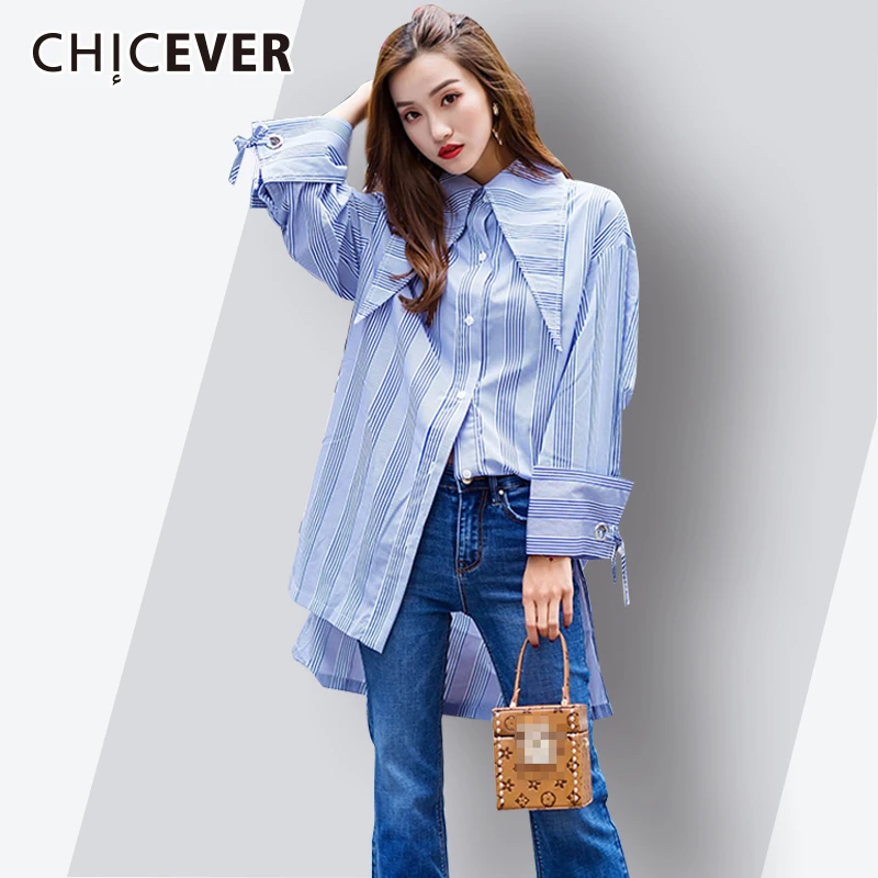 Skup CHICEVER Lato Paski Koszule damskie Bluzki Top Plac Collar Długim Rękawem Hem Asymetria Luźna Koszula Topy Moda Koreański Nowy