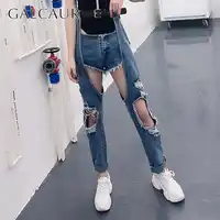 GALCAUR Jeans For Women High Waist Sashes Ripped Hole Irregual Patchwork Demin Pants Female Korean Fashion 2019 Spring New