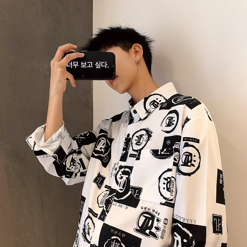 

Men's Shirts 2019 New Seasons Apply Printing Loose Large Size M-5XL Long-sleeved Shirt Flower Shirt Youth Casual Wear Shirt
