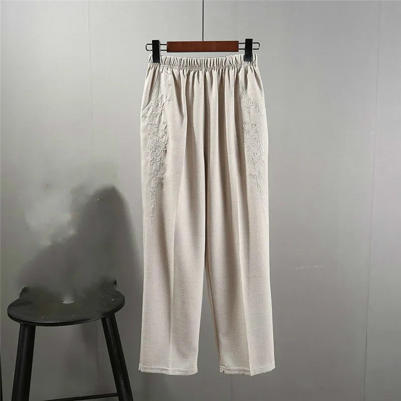 

Middleaged Women Pants 2019 Spring Summer Female Fashion Solid Elastic Waist Casual Trousers Loose Embroidery Straight Pants