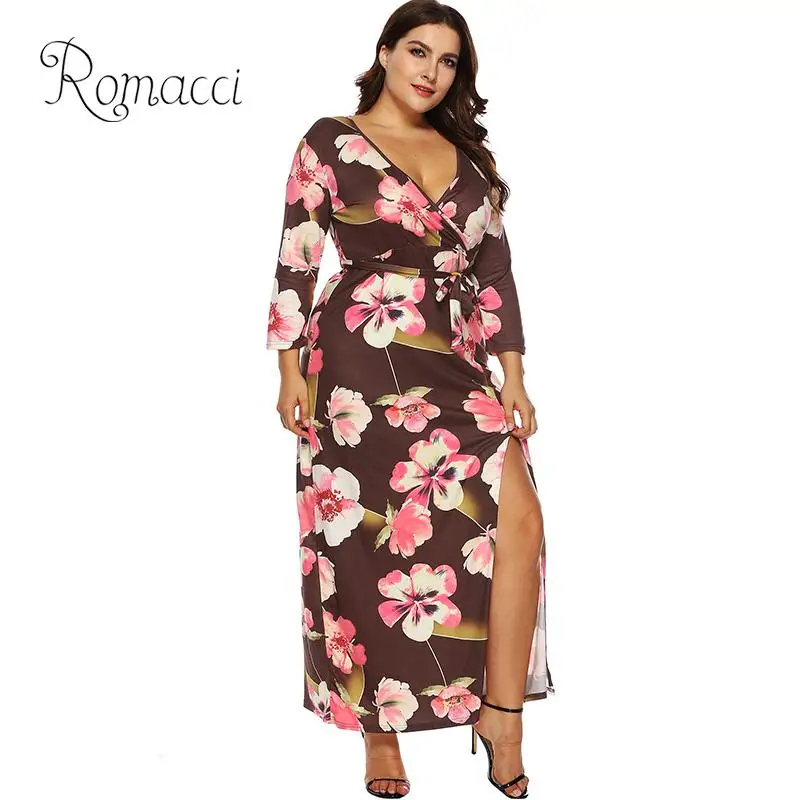 

Women Plus Size Long Dress XXXL Floral Print 3/4 Sleeves Belted Wrap Dress Slit High Waist Maxi Dress Vestidos De Festa