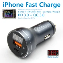 

Typec 2 Usb Car Charger Usb C PD 3.0 Fast Charge Charger QC Quick Charge Charger Led Display Voltage for iPhone 8 X XS Android
