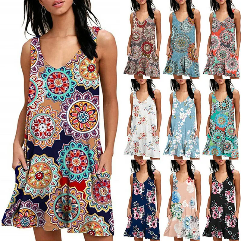 

Summer Bohemian Women's New Print Round Pattern Sleeveless V-neck Dress Beach Holiday Dress