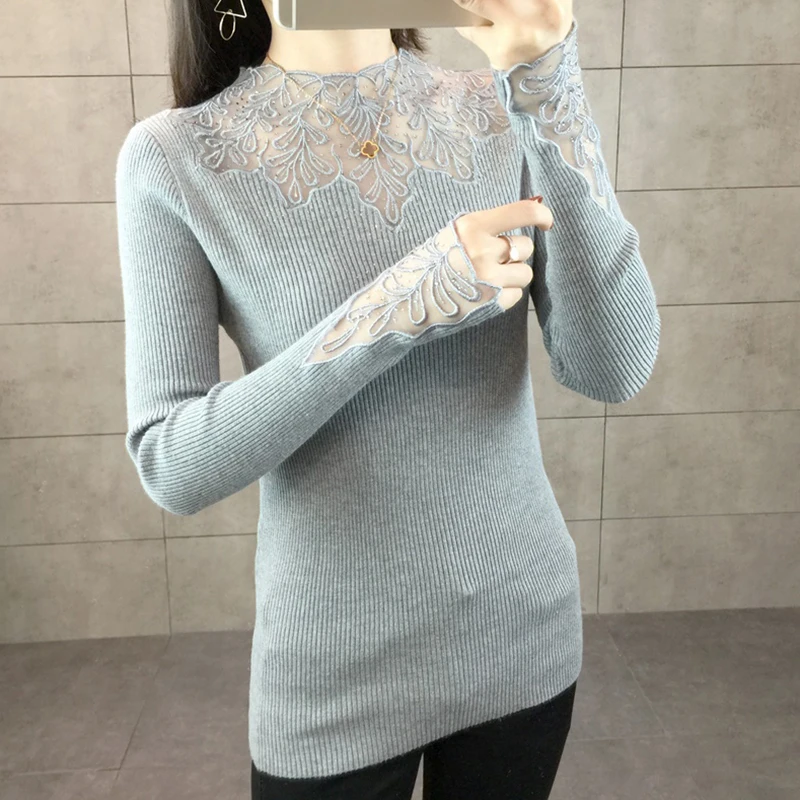 2019 Spring Women Lace Sweater High Elastic Solid O-neck Long Sleeve Sweater Women Slim Sexy Tight Bottoming Knitted Pullovers