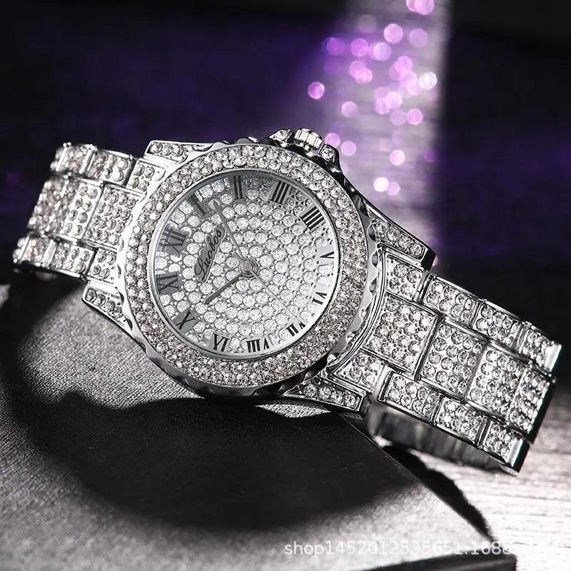 

Women Luxury Geneva Watch Bling Crystal Stainless Steel Analog Quartz Wristwatch Lady Elegant Diamond Watches Roman Number Reloj