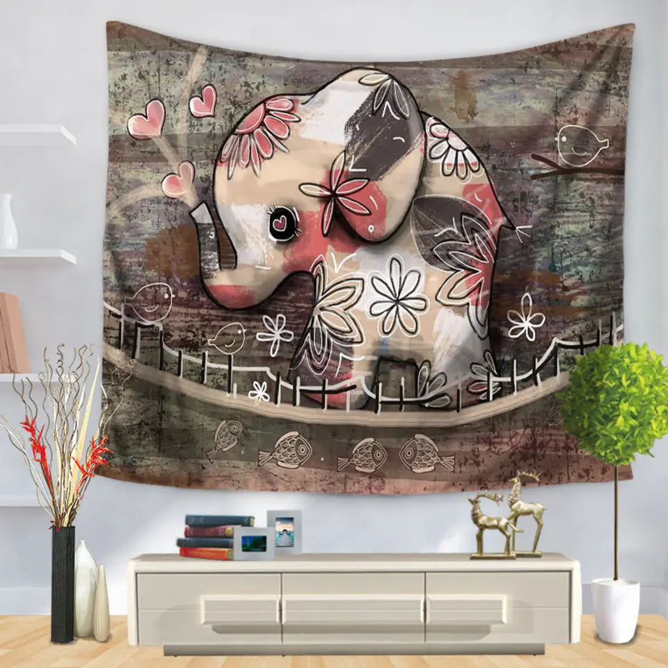 Bohemian Lovely Cartoon Coloured Draw Elephant Tapestry Rug Blanket