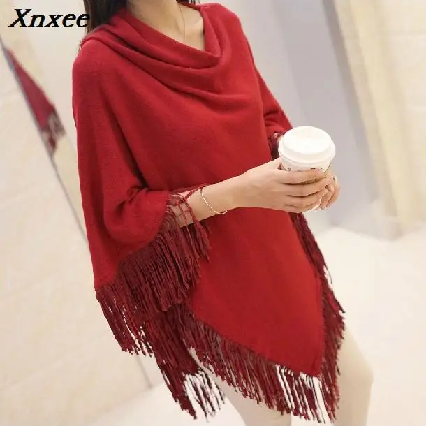 2019 Women Spring Autumn Knitted Sweater Poncho Coat Solid Elegant Pullover Jumper Irregular Tassel Hem Cape Cloak Pull Femme