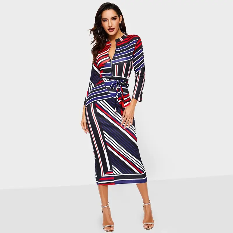 

Women Dresses Sexy Club Party Red Streetwear Office Lady Bodycon Zipper Stand Collar Stripe Female Fashion Elegant Boho Dress