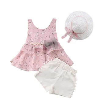 

3PCS Baby Kids Girls Floral Ruffles Pearl Bow Patchwork Tank Crop Tops Tassels Shorts Pants Caps Hats Beach Summer Hot Set 2-7T