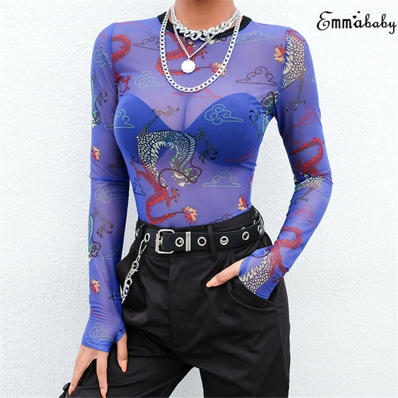 Fashion Sexy Womens Ladies Crew Neck Transparent Mesh Sheer Dragon Top Shirt Blouse Tee Tops Blue Fashion Sexy Womens Ladies Crew Neck Transparent Mesh Sheer Dragon Top Shirt Blouse Tee Tops Blue
