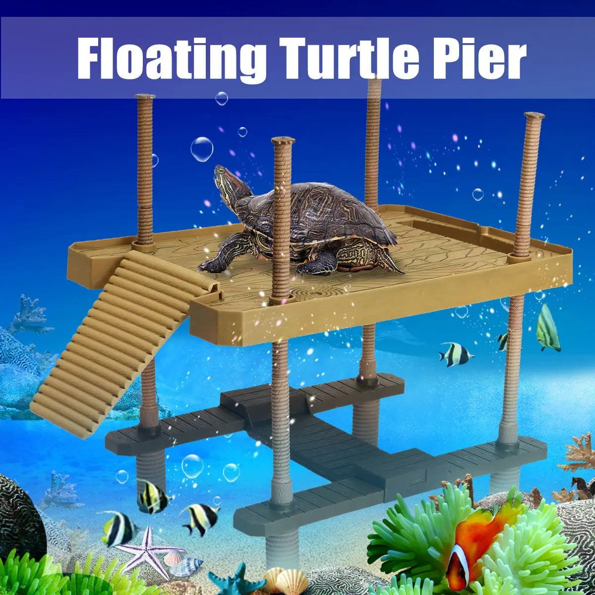 

Aquarium Reptile Frog-Turtle Pier Floating Platform Decoration with Ramp Ladder Fish Tank Decor