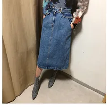 Весенняя летняя тонкая джинсовая юбка миди с высокой талией, однотонная женская Свободная прямая юбка, женская уличная джинсовая юбка