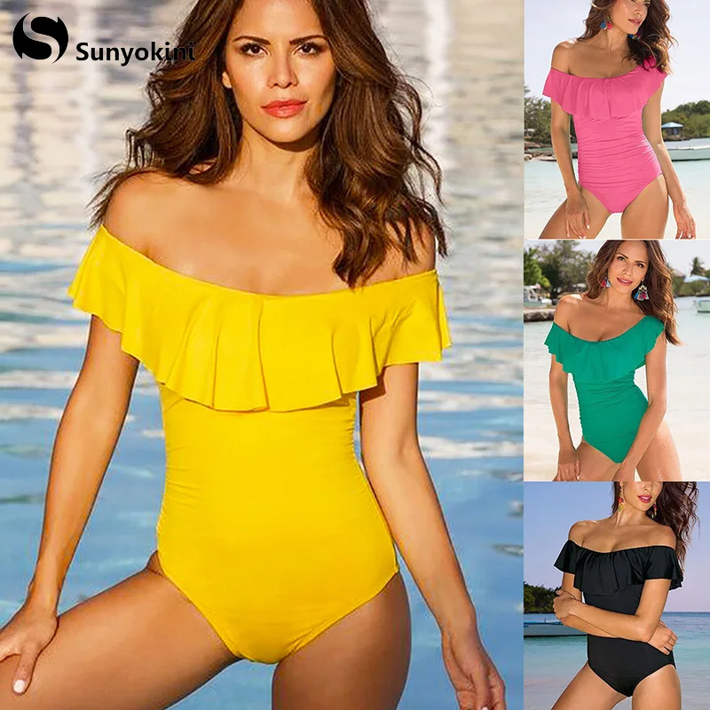 Sunyokini One Piece Swimwear Flounce Swimsuit Off Shoulder Bikini Slim