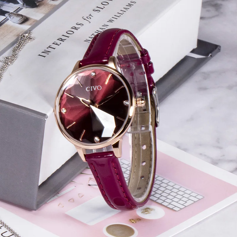 

CIVO Fashion Luxury Red Wine Leather Watch Ladies Wristwatches Women Waterproof Diamond Watches Women Casual Quartz Reloj Mujer