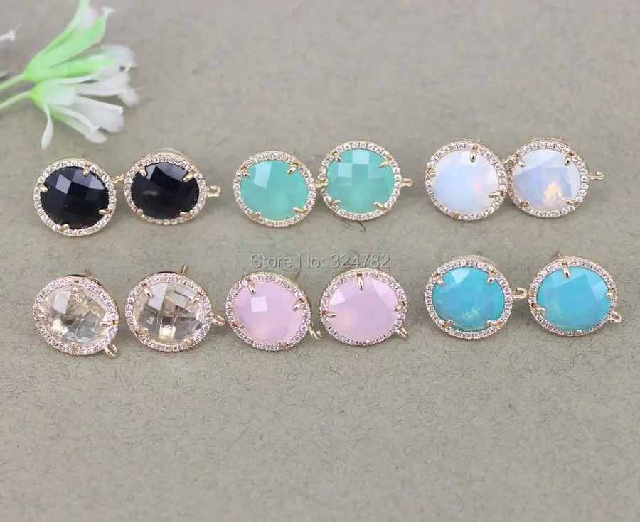 5 Pairs Micro Pave CZ Crystal Glass Round Shape Post Earring Findings with Loop,Cubic Zirconia Crystal Glass Round Stud Earring 3