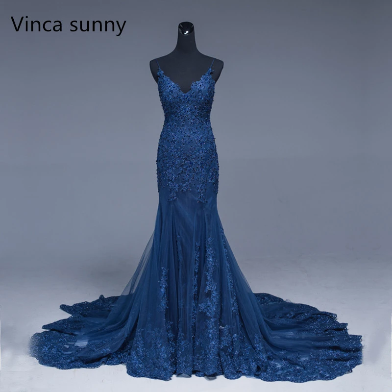 navy blue lace mermaid prom dress